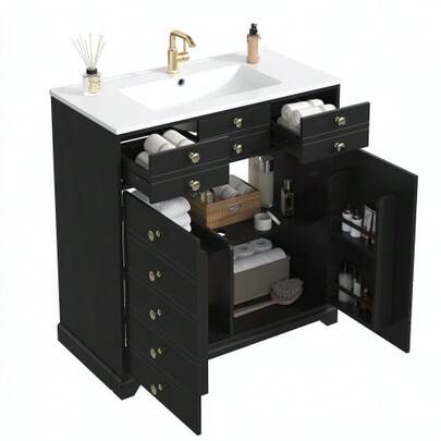 Badezimmerschrank Schwarz Mit Gold, Waschtischunterschrank Mit Keramikwaschbecken, Badschrank Mit Schubladen & Schrank, Moderner Badmöbel Für Badezimmer