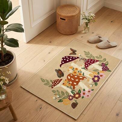 1 pieza Alfombra/Tapete/Alfombra de baño/Felpudo, Estilo pastoril europeo y americano de lujo - Diseño colorido de setas, flores y mariposas, Adecuado para entrada, baño, cocina, pasillo, mesita de noche, sala de estar, dormitorio, Alfombra suave lavable a máquina, Decoración del hogar estética