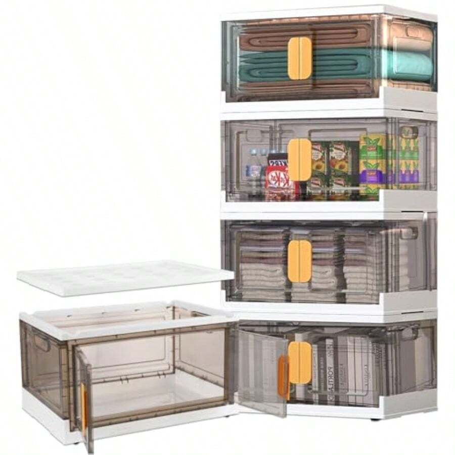 4pcs 160L Storage Boxes Stackable Foldable Plastic Storage Box Closet Organizers Stackable Transparent Plastic Storage Box With Lid And Door - Transparent - View 1
