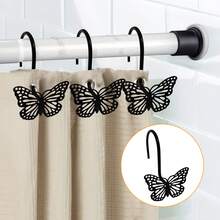 12pcs Black Hollow Metal Butterfly Shower Curtain Hooks, Decorative For Bathroom & Bedroom - Black - View 3