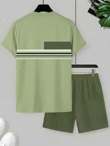 男士3D条纹撞色印花休闲短袖短裤套装，户外运动沙滩休闲时尚套装，春夏秋季 - 綠色 - 查看 2