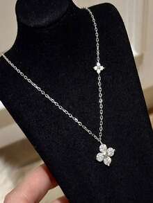 Elegant Four-Leaf Clover Necklace, Chic And Graceful Style, High-Quality Chain, Long Design, Graceful Tassel Necklace, Suitable For Women, Valentine's Day, Mother's Day Gift - 雙四葉草項鍊 - 銀色 - 查看 4