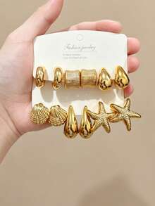 Set de 12 piezas de aretes con tono dorado, aptos para uso diario - Dorado - Ver 1