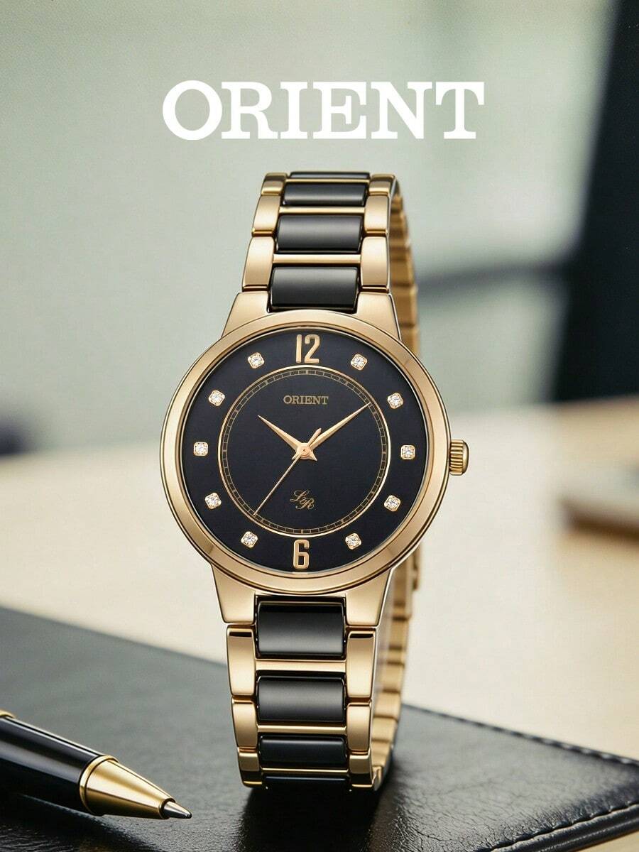 Orient RF-QA0007B10B Damen Quarzuhr, Gehäuse in Roségold, schwarzes Zifferblatt mit römischen Ziffern, Lederarmband, 30mm Gehäusedurchmesser, 3ATM wasserdicht, Datumsanzeige, klassische Mode Damenuhr - Schwarz - Übersicht 1