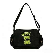 街头涂鸦熊印花斜挎包，大容量耐用帆布单肩包，/街头风格爱好者的日常通勤包 - 彩色 - 查看 6