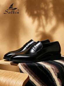 Salkin 奢华复古男士乐福鞋，柔软皮革鞋面，尖头设计，适合正式场合、商务绅士、社交活动、日常办公、派对、婚礼，也适合情侣约会、浪漫晚餐、节日礼物、返校季学生，百搭学院风，四季皆宜。建议选购大一码。 - 黑色 - 查看 3