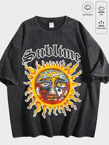 Washed Cotton Sublime Sun Graphic Print Short Sleeve T-Shirt, Casual Oversized Crew Neck Tee For Men, Suitable For Daily Wear, Summer Outings And Music Festivals - Dirty Black Wash 01 - View 1
