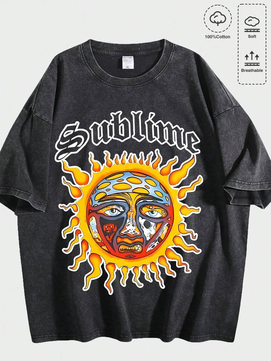 Washed Cotton Sublime Sun Graphic Print Short Sleeve T-Shirt, Casual Oversized Crew Neck Tee For Men, Suitable For Daily Wear, Summer Outings And Music Festivals - Dirty Black Wash 01 - View 1