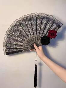 1件優雅復古蕾絲折疊手扇，附玫瑰蕾絲飾邊，便攜夏季女用扇，白色黑色紅色，適用於Cosplay、舞蹈、茶會、婚禮、新娘裝飾、拍照道具、夏季日常必需品、返校禮物、萬聖節道具 - C - 查看 20