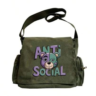 Anti Social Bear 印花斜挎包，黑色多功能大容量帆布包，街头风斜挎包