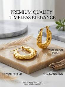 1 paire de boucles d'oreilles créoles épaisses en acier inoxydable plaqué or avec texture écaillée tressée pour femmes, résistantes à la tarnissure, plusieurs styles disponibles - Multicolore - Voir 8