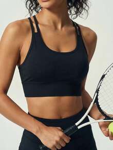 UONNOU Cross-Back Sports Bra, Seamless Long Fitness Top - Black - View 2