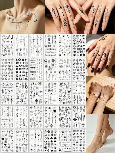 (Bộ 30 tờ) Hình xăm dán nhỏ kiểu dáng tối màu dành cho đầu ngón tay, với các họa tiết tinh tế và rõ nét đáp ứng nhiều nhu cầu phối hợp khác nhau, bao gồm hàng trăm họa tiết như sao, trăng, hoa, chòm sao, trái tim và đường nét để tạo nên cá tính riêng biệt. Hình xăm nhỏ, chống thấm nước và bền lâu, thích hợp dán trên ngón tay, sau tai và cổ tay. Mỏng và sát da, hình xăm mô phỏng có thể giữ được từ 3-7 ngày.