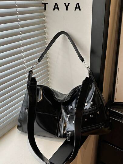 Túi vuông nữ màu đen bóng bằng da PU, trang trí đinh tán và khóa kéo, kiểu dáng retro thời trang, phù hợp cho đi làm, du lịch và sử dụng hàng ngày - Dung tích lớn, dây đeo có thể điều chỉnh, thời trang và bền bỉ.