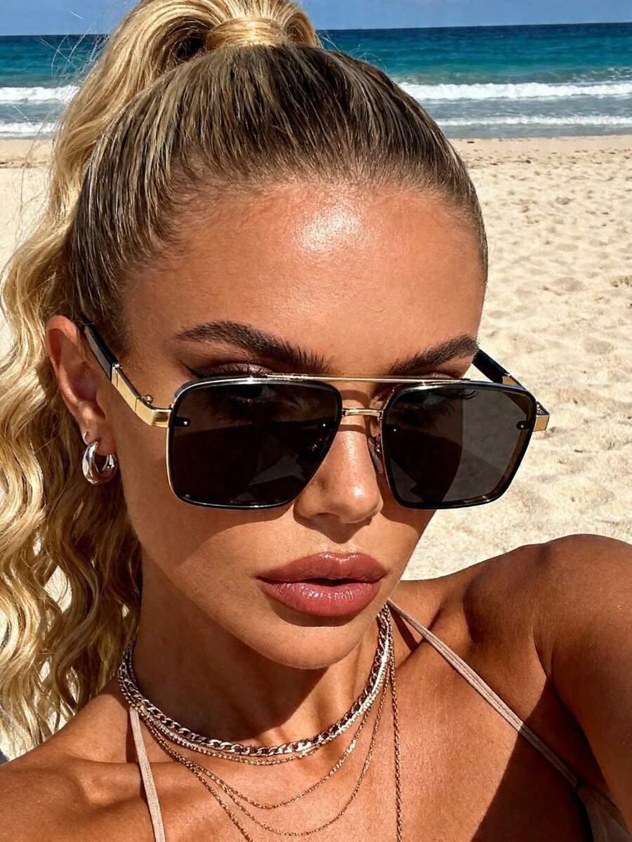 1 pieza Gafas de mujer de marco metálico cuadrado mate de alta calidad, elegantes y delicadas, perfectas para atuendos de fin de semana, vacaciones, fotografía callejera, fiestas en la playa, conducir y atuendos casuales de negocios como accesorio de mujer - Multicolor - Ver 1