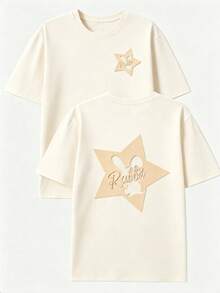 1 Piece Package: Men's 100% Cotton Crew Neck T-Shirt, Casual Style With Letter Print And Rabbit Design On Both Sides - Summer Short Sleeve T-Shirt, Crew Neck, Rabbit Design On Front And Back, Regular Fit, Suitable For Gym, Outdoor Activities And Daily Wear - Easy Clean Summer Essential, Daily Casual Outfit, Versatile Men's T-Shirt. - 杏色 - 查看 7