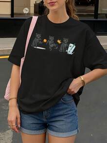 Camiseta Negra con Gatos Divertidos y Bebida para Mujer Estilo Casual Verano - Negro - Ver 1