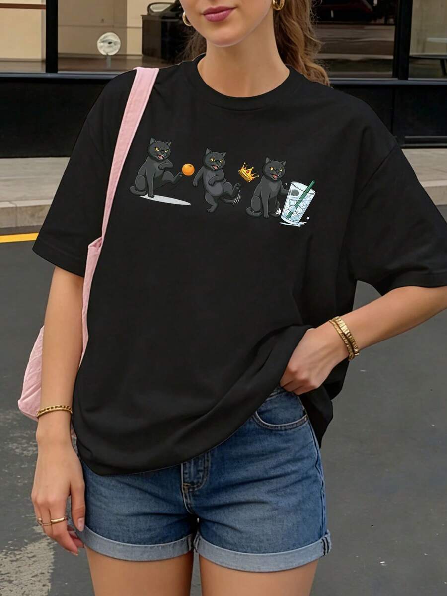 Camiseta Negra con Gatos Divertidos y Bebida para Mujer Estilo Casual Verano - Negro - Ver 1