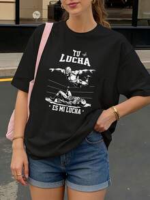 Camiseta Negra con Estampado de Lucha Libre y Texto Tu Lucha Es Mi Lucha para Mujer Casual - Negro - Ver 1