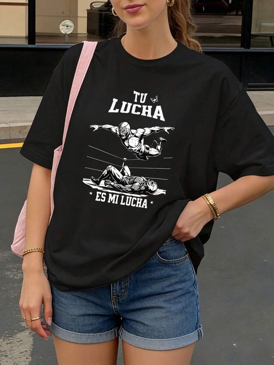 Camiseta Negra con Estampado de Lucha Libre y Texto Tu Lucha Es Mi Lucha para Mujer Casual - Negro - Ver 1