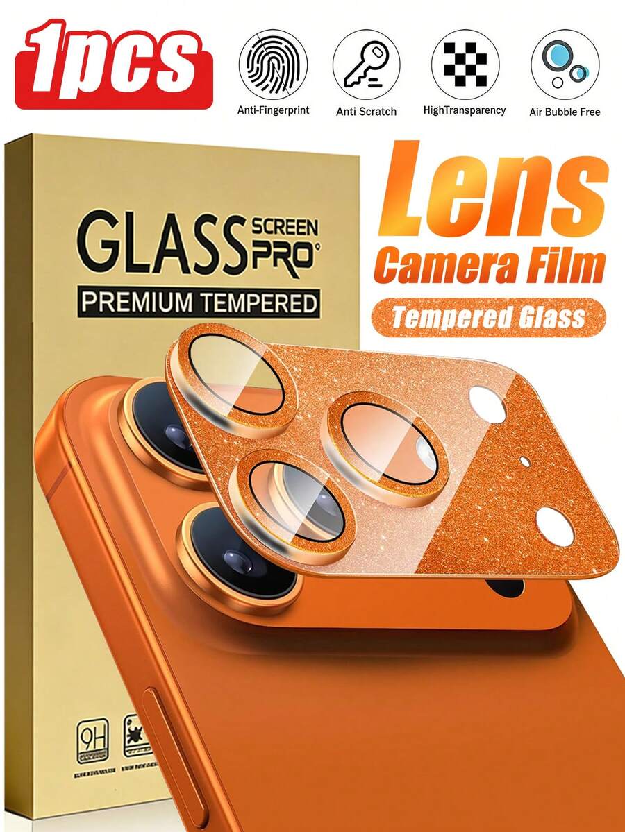 1 pieza Protector de lente de cámara con brillo naranja compatible con iPhone 17 Pro Max/17 Pro. Protector de lente de cámara brillante, protector de lente de cámara de vidrio templado, anti-arañazos, alta definición, ajuste perfecto, a prueba de polvo, fácil instalación, removible sin residuos. Accesorio para teléfono, compatible con funda de teléfono, combina moda y protección. Adecuado como regalo para familiares y amigos. - Naranja - Ver 1
