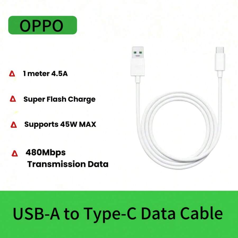 OPPO 1米 USB-A 转 Type-C 快速充电数据线，4.5A DL154，白色，超级快充，一步快速充电 - 白色 - 查看 1