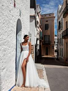Beaded Bodice With Side Slit A-Line White Wedding Dress And Sheer Back – Luxe Floor-Length Bridal Gown With Elegant Silhouette And Flowing Train, Perfect For Weddings, Christmas, Halloween, Balls, Birthday Celebrations, And Special Events. Suitable For Ceremonies, Parties, Vacations, Formal Gatherings, Evening Galas, Prom Dresses, Homecoming Dresses, Cocktail Events, Bridal Party Attire, Wedding Guest Outfits, And Graduation Occasions. - trắng - Xem 2