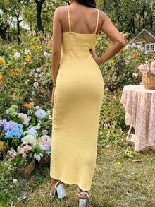 Maternity Yellow Spaghetti Strap Textured Fitted Bodycon Dress, Pregnancy Photoshoot Slimming Dress, Summer Maternity Dress For Dates And Checkups, Fitted Maternity Gown For Photoshoot, Maternity Stretchy Fitted Long Dress, Outdoor Vacation Elegant Maternity Dress, Comfortable Fitted Maternity Dress For Daily Wear - Yellow - View 5