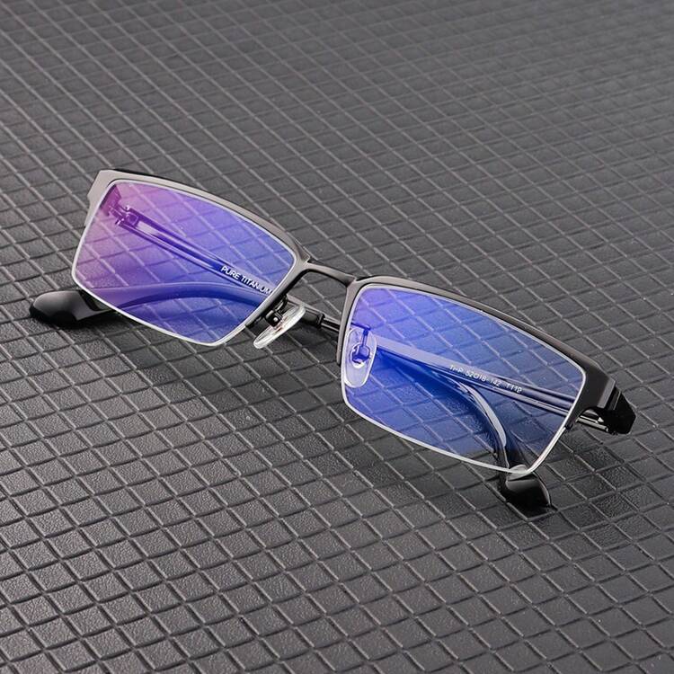 Montura de gafas de titanio de media montura para hombre, adecuada para uso profesional, se puede equipar con lentes graduados, montura de gafas anti-luz azul y anti-radiación, lentes transparentes 119. - Azul - Añade 3