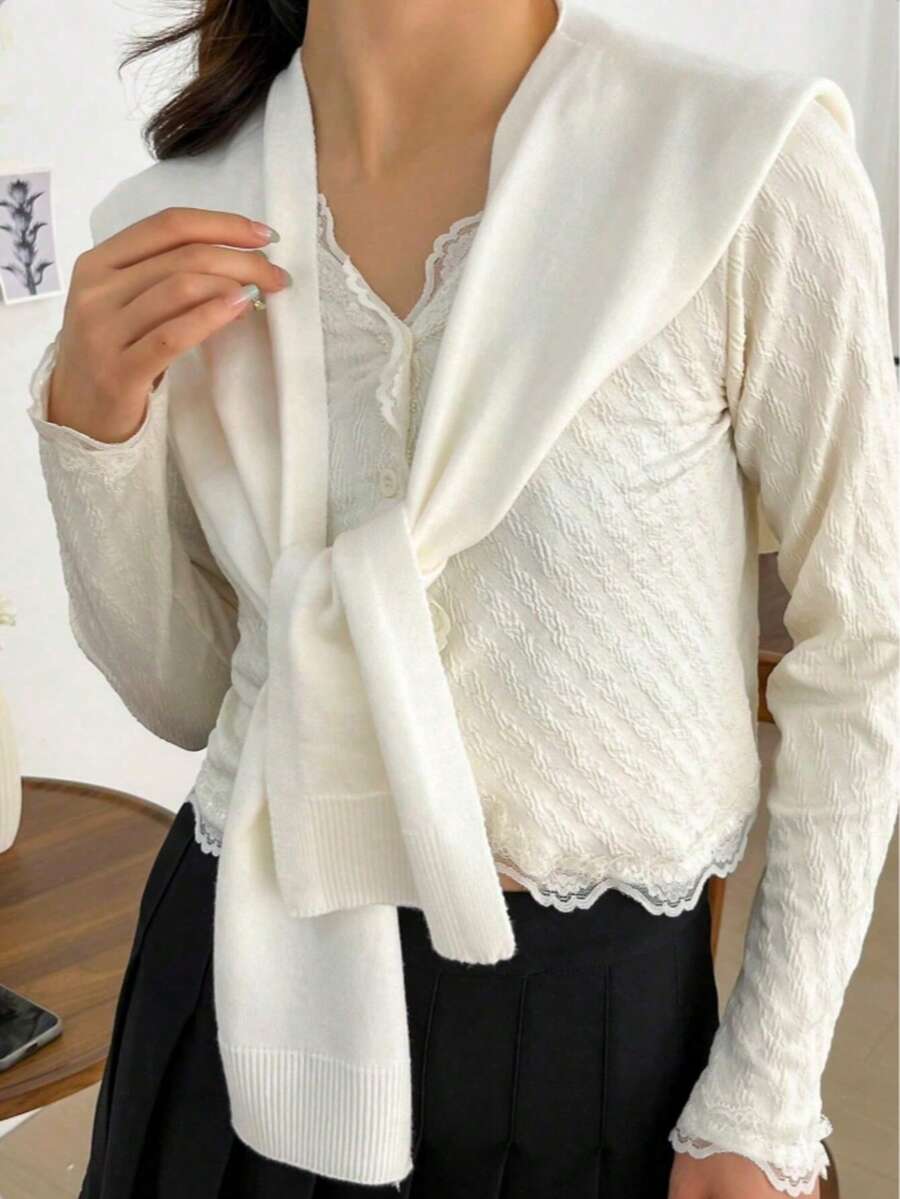 1件装女士新款针织条纹披肩，轻薄肩部披肩，适合夏季办公室空调房使用 - 白色 - 查看 1