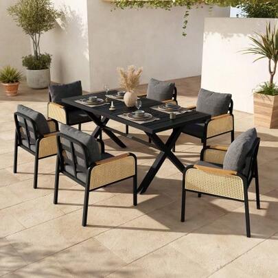 Modern Outdoor-Sofa-Set, Freizeit- Und Besprechungsset Für Mehrere Personen, Eisengestell, Geflochtene Armlehnen, Inklusive Sitzkissen