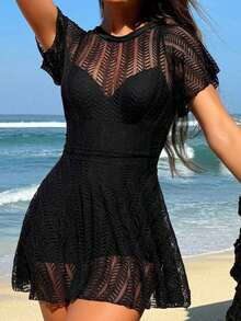 Women's Summer Beach Vacation Round Neck Ruffle Hem Casual Swimsuit Dress - Negro - Ver 5