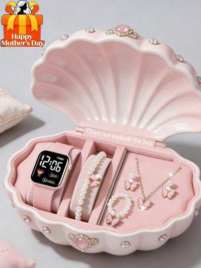 Bộ trang sức 6/5 món thời trang tối giản, thanh lịch, hình vuông, họa tiết cầu vồng, bao gồm đồng hồ điện tử trang trí, vòng cổ, vòng tay, bông tai và nhẫn, thích hợp cho các bé gái đeo trong các bữa tiệc và lễ hội. Cũng là một lựa chọn quà tặng lý tưởng cho Ngày của Mẹ, tựu trường, Lễ Phục Sinh và các dịp khác dành cho mẹ và bạn bè.