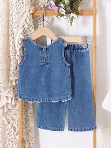 2件套女童街头风花卉刺绣无袖牛仔圆领背心+配套弹力腰直筒牛仔裤套装，夏季 - 深色水洗藍 - 查看 2