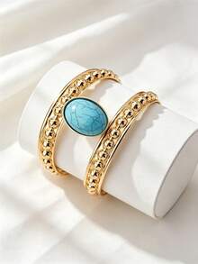1 chiếc vòng tay kim loại kiểu Bohemian đính đá giả ngọc lam, thích hợp cho phụ nữ dự tiệc, đi chơi và đeo hàng ngày. - Vòng tay cổ điển - Xem 13
