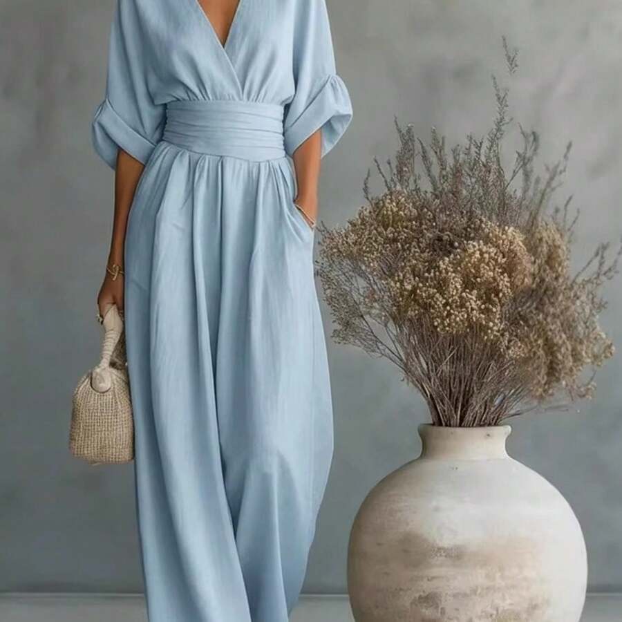2026 New Women's Linen-Blend Jumpsuit, Deep V-Neck Half-Sleeve Belt Wide-Leg Pants, Elegant Casual Jumpsuit With Pockets, Suitable For Daily Wear In Summer Vacation - Light Blue - 查看 1