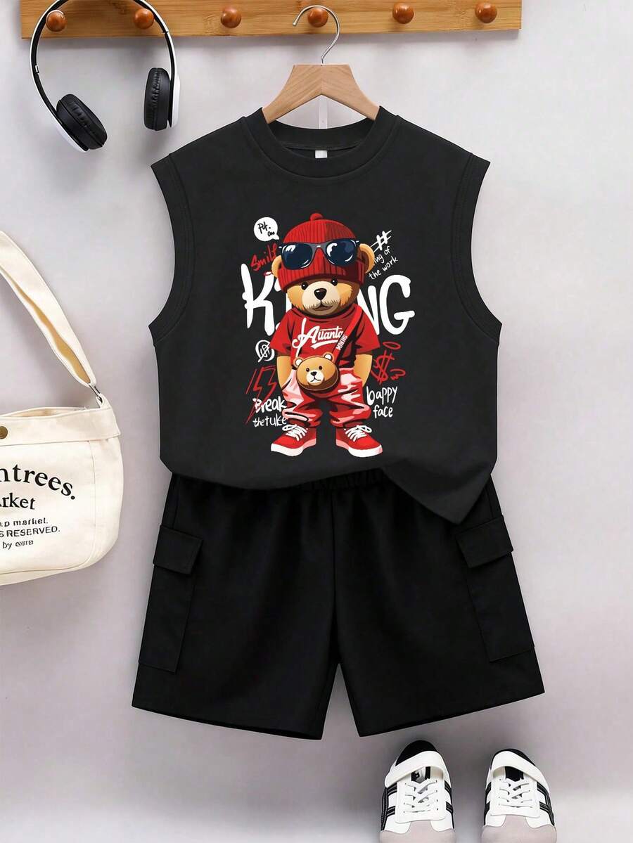 Bộ đồ 2 mảnh thoải mái cho bé trai tuổi teen, gồm áo tank top không tay cổ tròn và quần cargo, thích hợp cho mùa xuân/hè. - màu đen - Xem 1