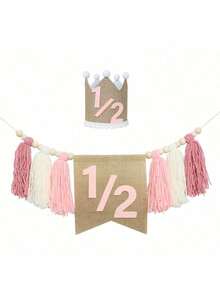 Bandera de silla alta y gorro de cumpleaños de medio año en rosa/azul, bandera decorativa para fiesta de cumpleaños de bebé, adornos colgantes para silla alta con cuentas de madera y borlas - Multicolor - Ver 5