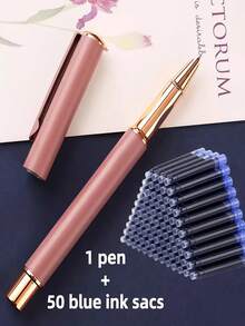 1 penna + 50 st. refillpatroner, matt metallreservoarpenna, mjuk skrift, lämplig för skolan, kontoret, present, kompatibel med 3,4 mm bläckpatroner - 51-delat set - Visa 13