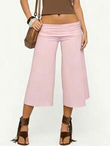 Fold Over Gaucho Pants Culottes For Women Low Rise Capris Foldover Flowy Going Out Flare Bottoms Wide Leg Capri Pants - Pink - View 3