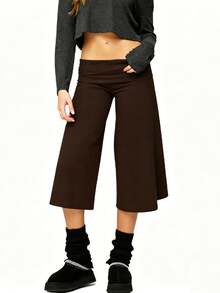 Fold Over Gaucho Pants Culottes For Women Low Rise Capris Foldover Flowy Going Out Flare Bottoms Wide Leg Capri Pants - 棕色 - 查看 3