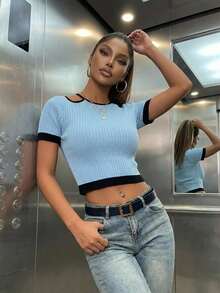 Polo femme décontracté de couleur unie, design avec bordure de couleur contrastée, Top d'été, tenue de vacances, Maia - Bleu ciel - Voir 6