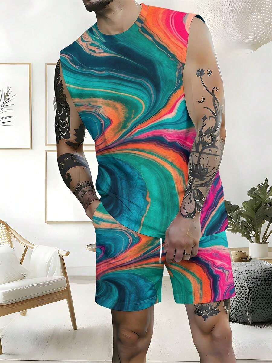 Summer Outfits For Men Abstract Art 2026 Summer New Styles Men's Plus Size Wide Shoulder Vest & Beach Shorts Set Two Piece Set Colorful Swirl Pattern For Beach And Pool Activities Perfect Gift For Him - 白色 - 查看 1