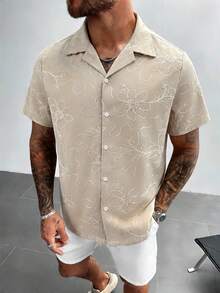 Men's Floral Embroidery Pattern Single-Breasted Casual Versatile Daily Wear Short Sleeve Shirt - Ginger - View 4