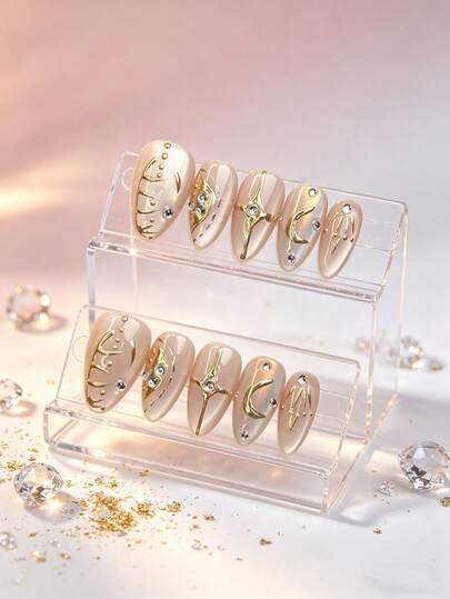 10 móng giả thủ công màu nude trong suốt hình mắt mèo, dáng hạnh nhân, đính đá 3D hình trăng lưỡi liềm và ngôi sao vàng, có thể tái sử dụng.