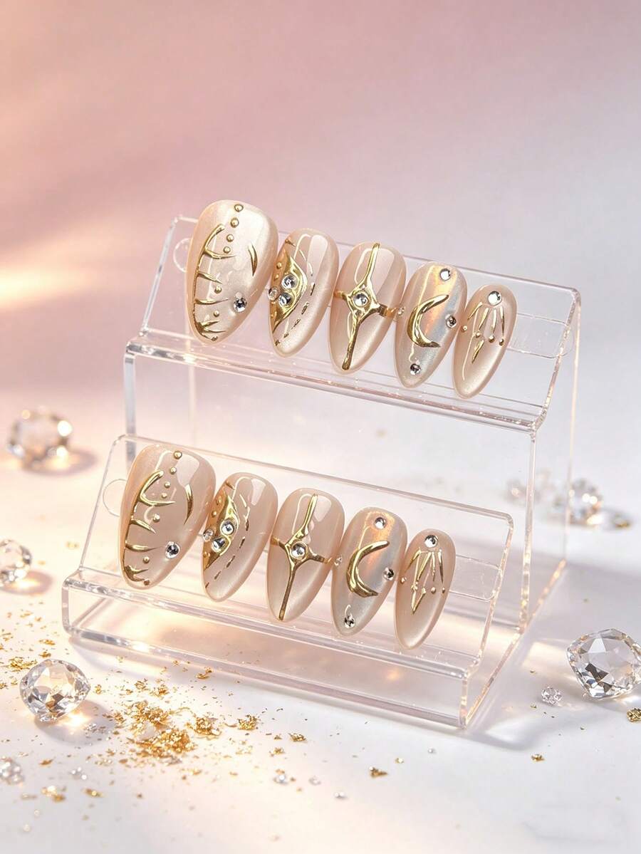 10 móng giả thủ công màu nude trong suốt hình mắt mèo, dáng hạnh nhân, đính đá 3D hình trăng lưỡi liềm và ngôi sao vàng, có thể tái sử dụng. - Nhiều màu - Xem 1