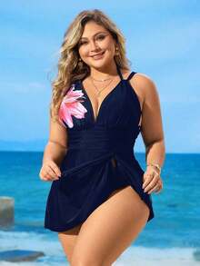 Plus Size Women 2Pcs/Set V-Neck Spaghetti Strap Printed Tankini Top And Bottoms Swimsuit For Summer Beach Vacation - Multicolor - Ver 5