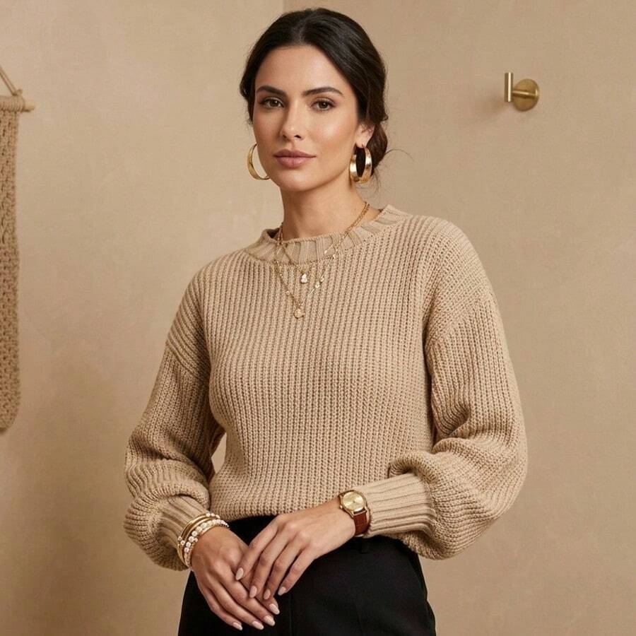 Women's Cozy Ribbed Knit Sweater, Regular Length Pullover Style With Crew Neck And Stylish Puff Sleeves For Everyday Wear. - 奶油色 - 查看 1