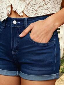 Shorts vaqueros casuales con bordado de plumas al estilo occidental y elástico para mujer - Azul lavado medio - Ver 6