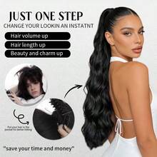 WaveTrip Vacation-Inspired Women's Summer Clothing, 24-Inch Ombre Wavy Curly Clip-In Heat Resistant Synthetic Hair Extensions, Suitable For Ladies And Girls For Party And Daily Use - Black - View 4